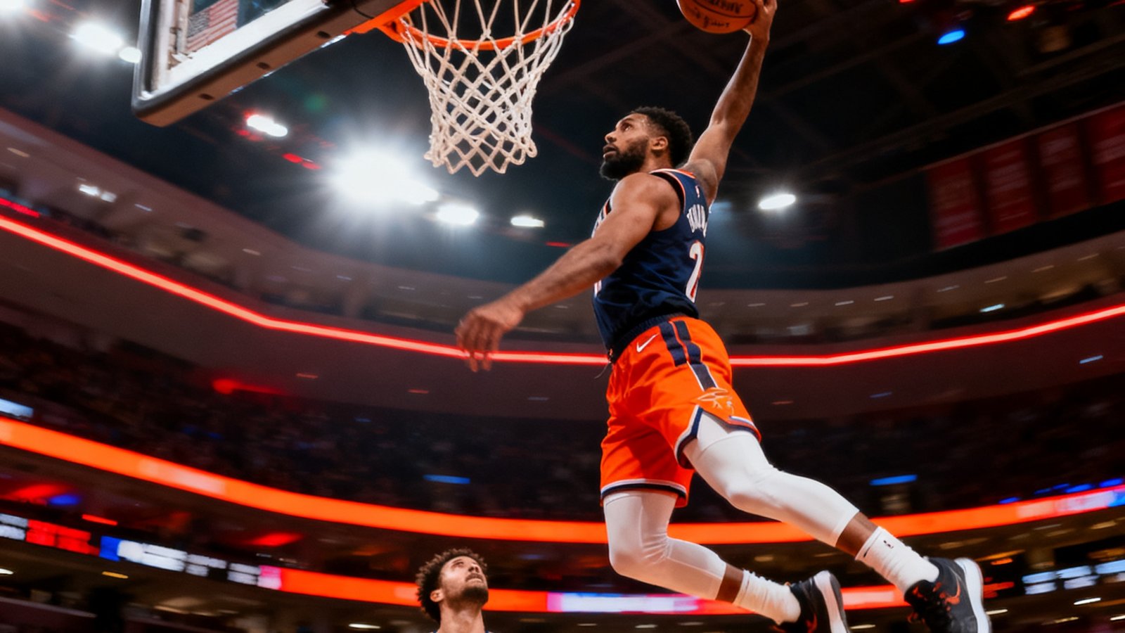 NBA比赛中一名球员在快攻中飞身扣篮的震撼瞬间，篮球即将穿过篮网，防守球员在下方仰望，场馆内灯光效果炫目